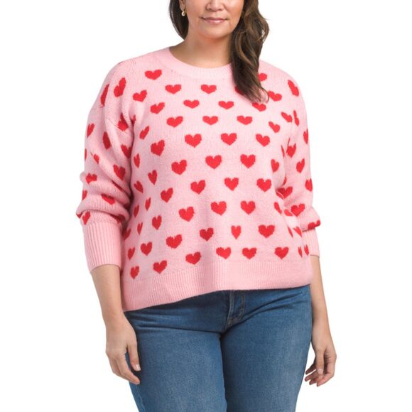 Cece Plus Heart Prints Cozy Knit Sweater in Bright Cherry Prism Pink NWT Size 1X - Picture 1 of 15